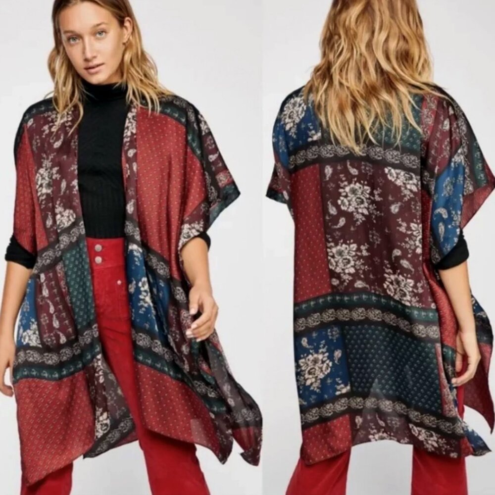 FREE PEOPLE Mon Cheri Silky Patchwork Kimono- One Size